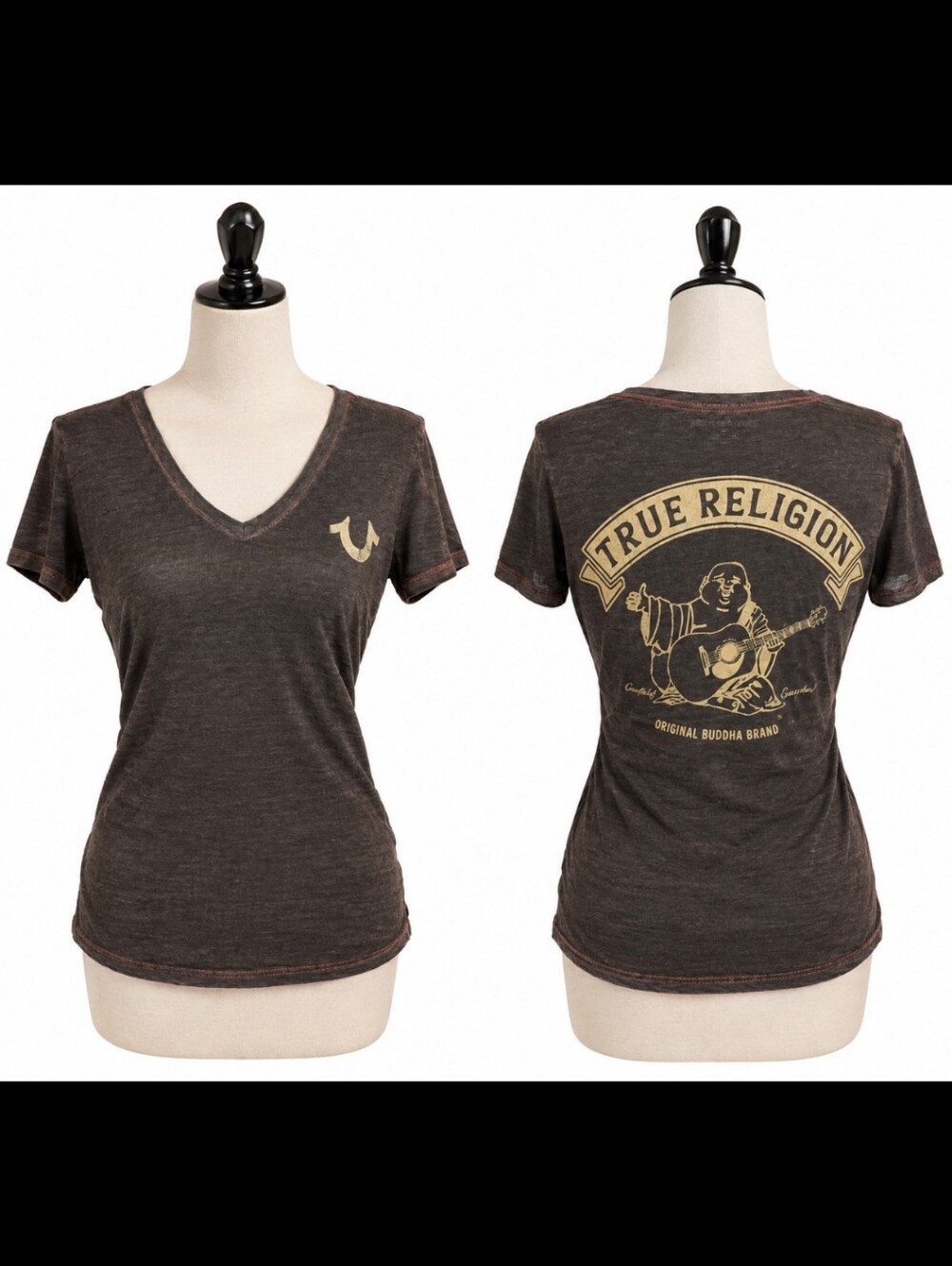 True Religion Women's Short-Sleeve V-Neck Tee with Gold Logo
